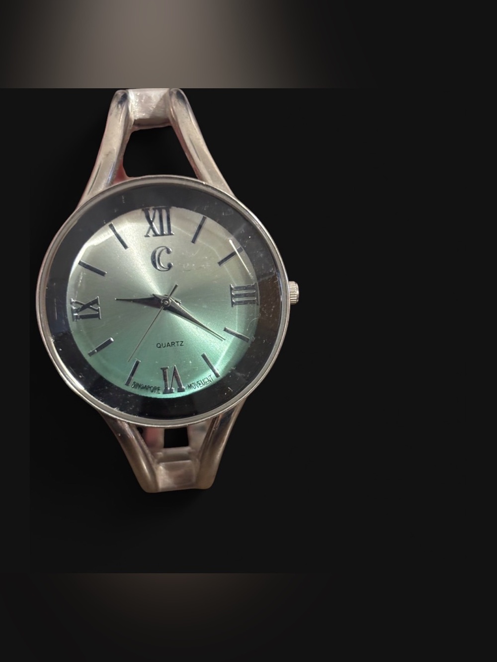 C Silver-Tone Watch with Green Metallic Dial